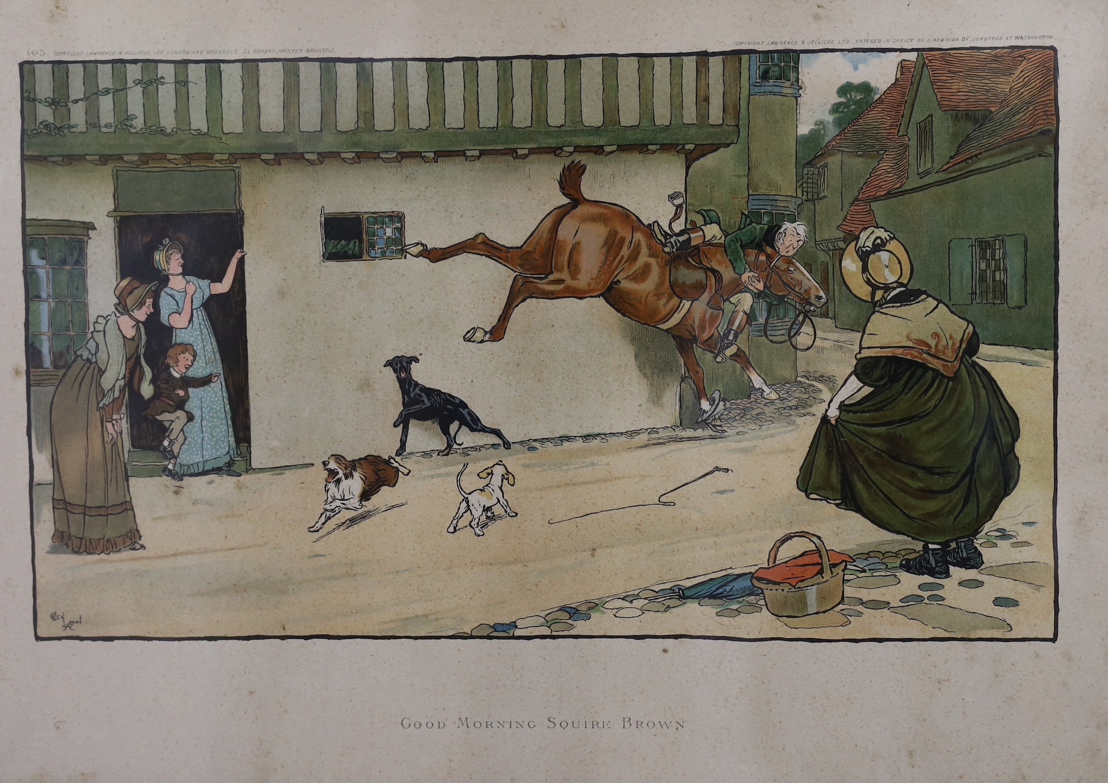 Cecil Aldin (1870-1935), pair of colour prints, 'Good Morning Mrs Flanagan' and 'Good Morning Squire Brown', overall 33 x 47cm and a photo-lithograph, 'A Hunting Morning', after George Wright, overall 50 x 82cm, all mapl